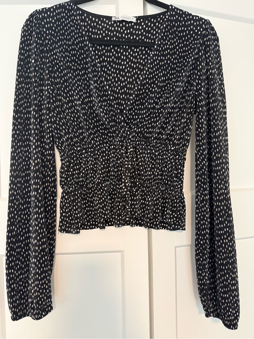 ZARA Black and White Dotted Smocked V-Neck Blouse